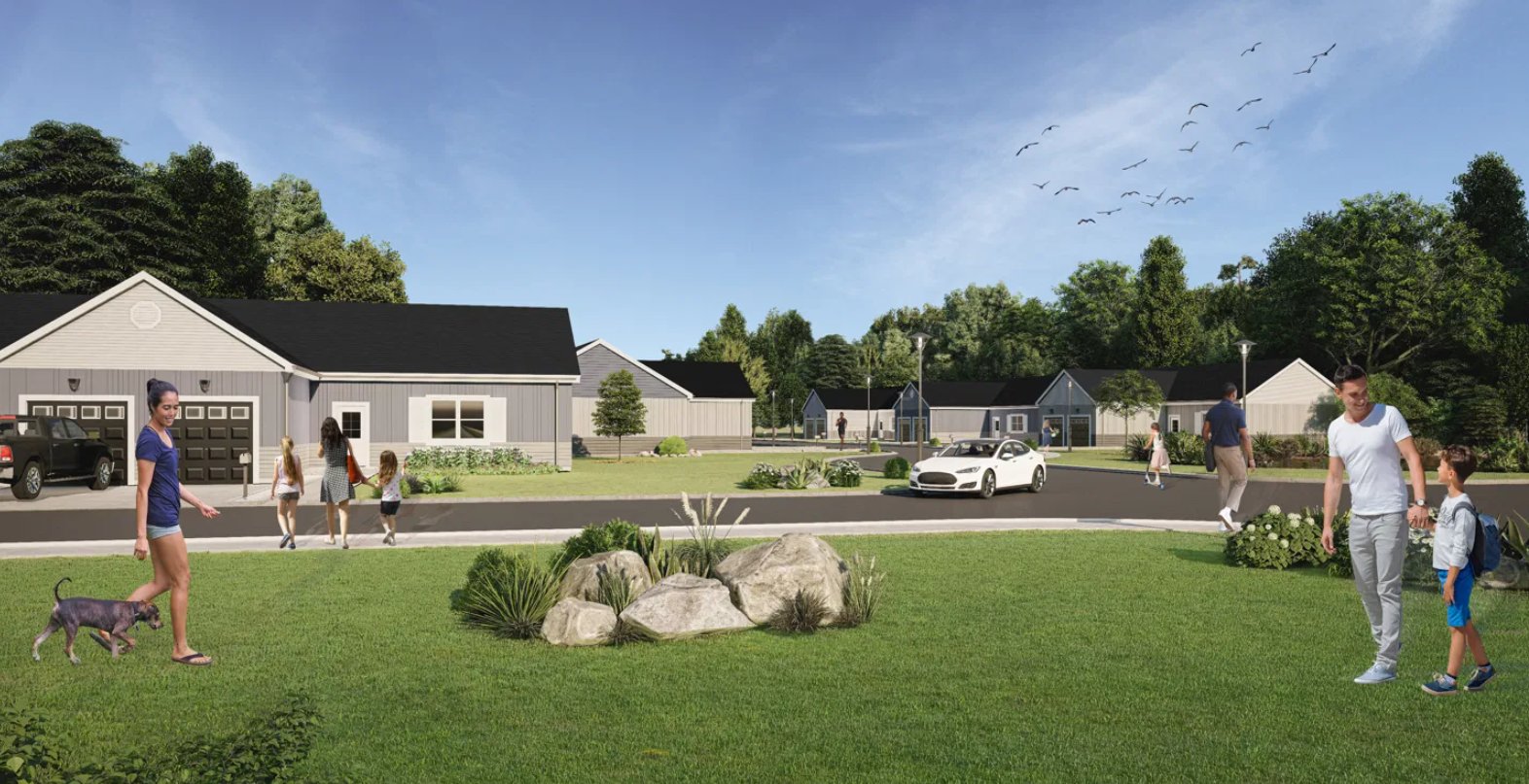 Hangar Flats community rendering with families on a tree-lined street, real estate marketing by Alex Papa