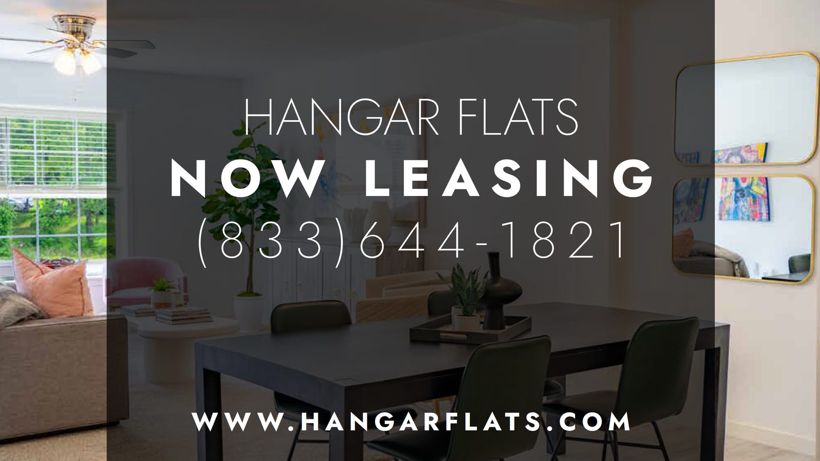 Hangar Flats roadside fence screen reading Now Leasing with phone number and website