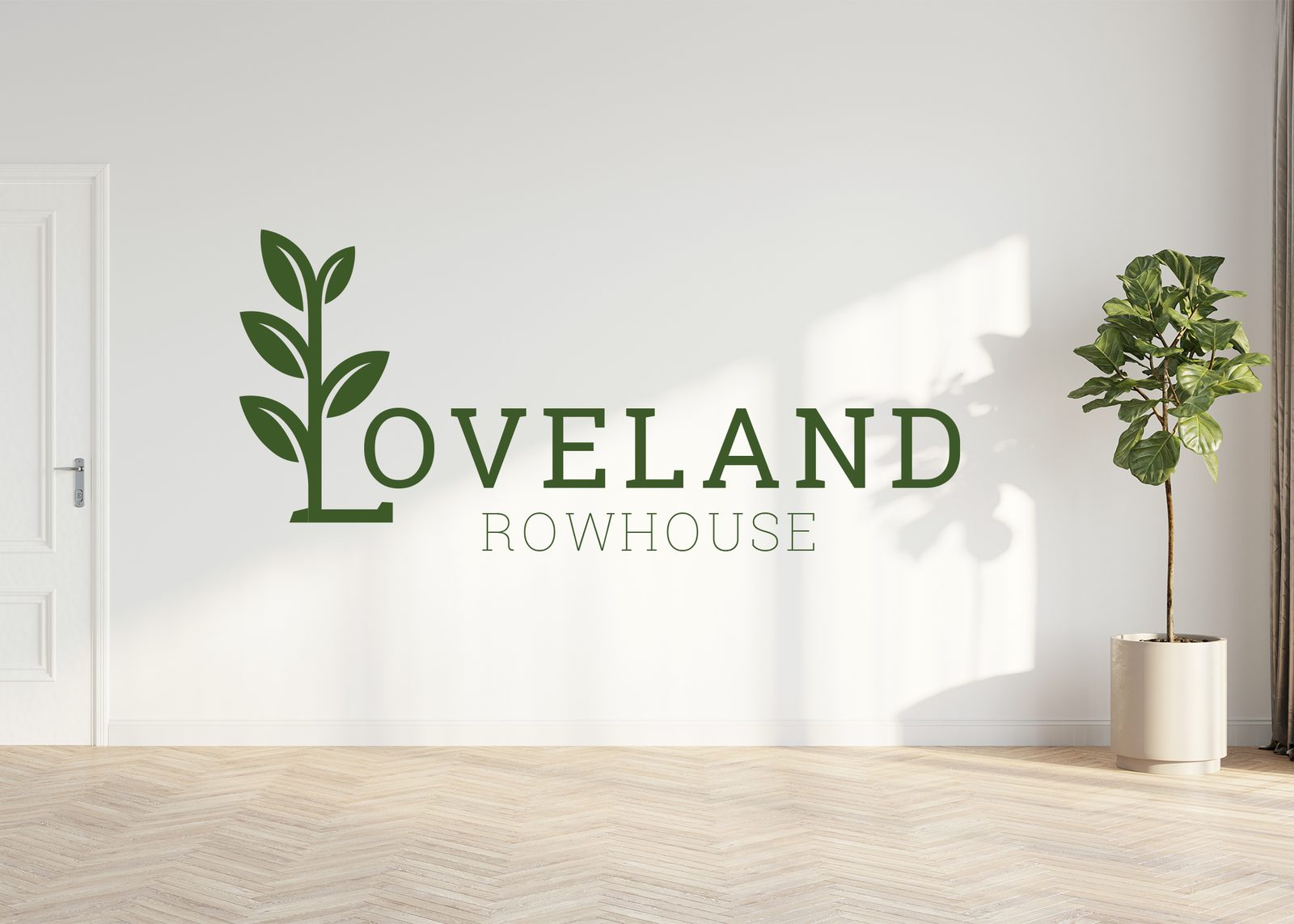 Loveland Rowhouse logo on an interior wall, brand identity by Alex Papa