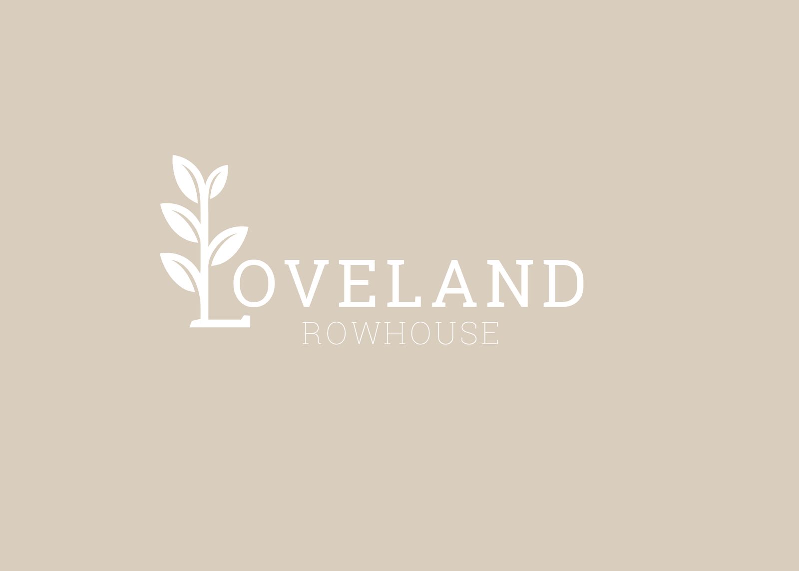 Loveland Rowhouse wordmark white on taupe