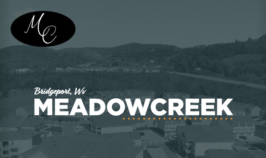 Meadow Creek BOV pack cover, MC monogram over an aerial of the Bridgeport, WV community, by Alex Papa
