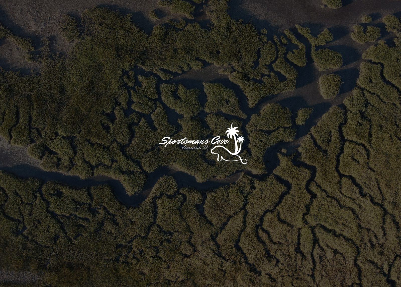 Sportsmans Cove logo over mangrove aerial photography